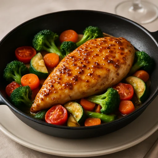 Курица с медово-горчичным соусом и овощами на сковороде