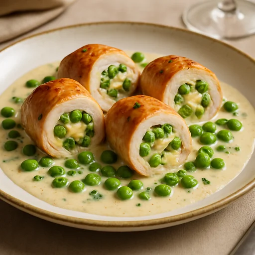 Куриные рулетики с зелёным горошком и сыром в сливочном соусе