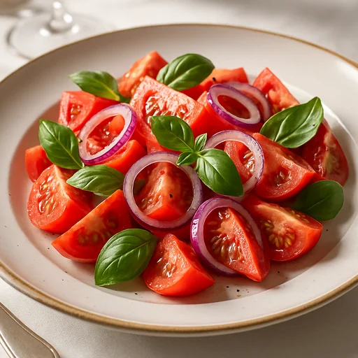 Салат из свежих помидоров с красным луком и базиликом