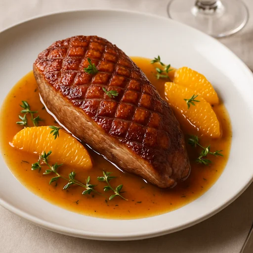 Жареная утка с соусом из апельсинов и тимьяна