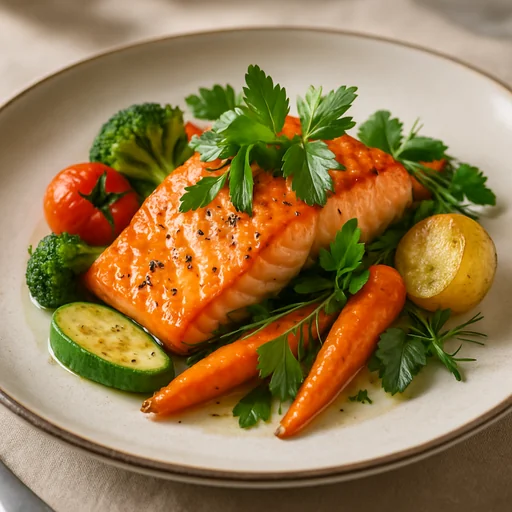 Печёный лосось с овощами и травами