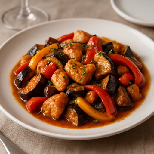 Соте из курицы с баклажанами и болгарским перцем