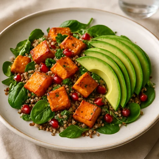 Салат с киноа, жареным бататом и авокадо