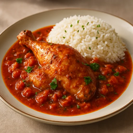 Цыпленок с пряным томатным соусом и рисом