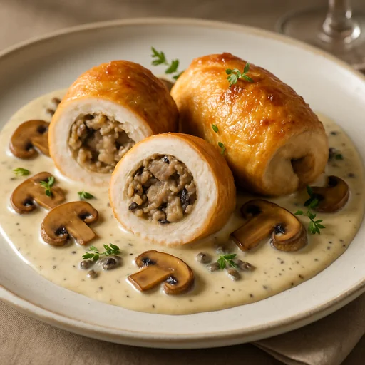 Куриные рулетики с грибной начинкой и сливочным соусом