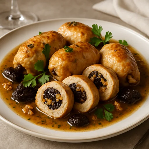 Тушёные куриные рулетики с черносливом и орехами