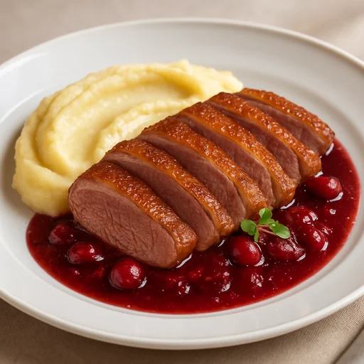 Утка с клюквенным соусом и картофельным пюре