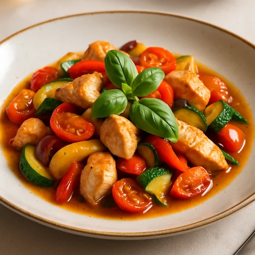 Соте из курицы с овощами и базиликом