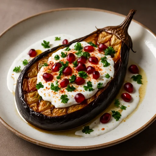 Печёный баклажан с чесночным йогуртовым соусом