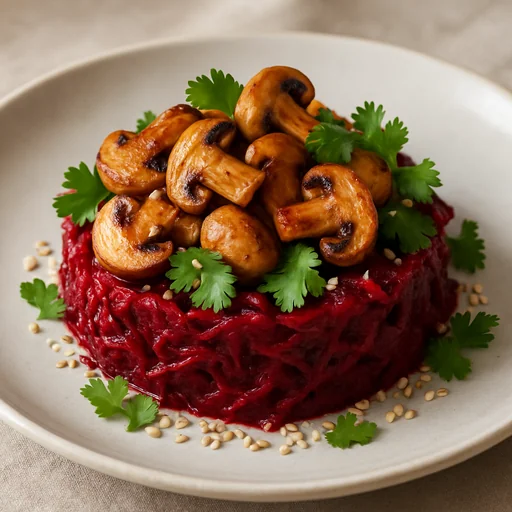 Свекольно-кунжутный салат с жареными шампиньонами и кинзой