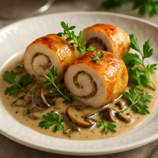 Куриные рулетики с грибным соусом и пряными травами