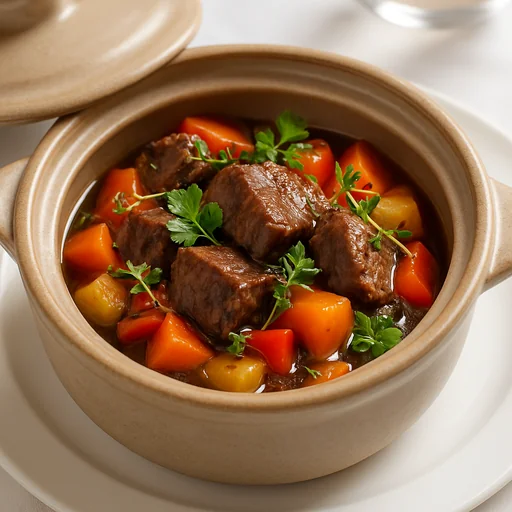 Тушёная говядина с овощами и ароматными травами в горшочке