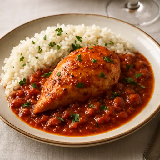 Курица с пряным томатным соусом и рисом