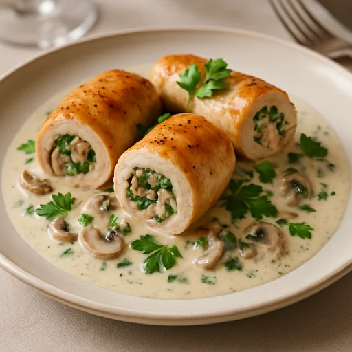 Куриные рулетики с грибами и зеленью в сливочном соусе